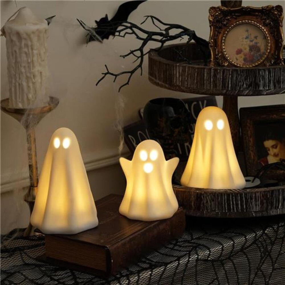 Light Up Ghost Halloween Decor, 3 Pack Ceramic Halloween Ghost‎
